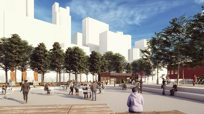This rendering shows the restroom from the plaza area on Pier 58. There are people sitting in chairs at tables and at the timber deck seating. The buildings of downtown Seattle are in the background.